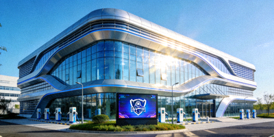 某知名电竞俱乐部新建成的现代化训练基地外观